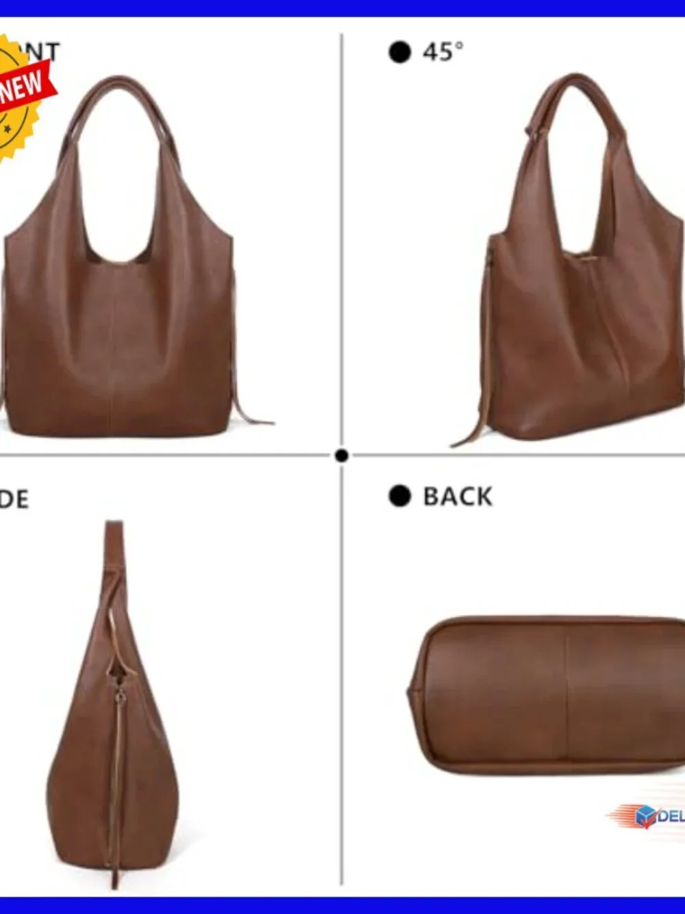 Large Genuine Leather Hobo Tote Bag with Detachable Organizer
